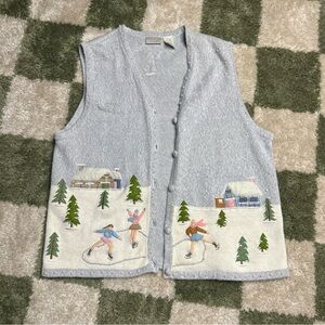 Erika vintage Festive Gray Knit Vest ice skaters hand stitched and pearls size L